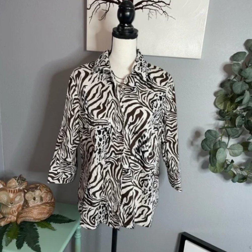 Kim Rogers 14P Petite Button Up Down Blouse Top Mixed Animal Print Leopard Zebra